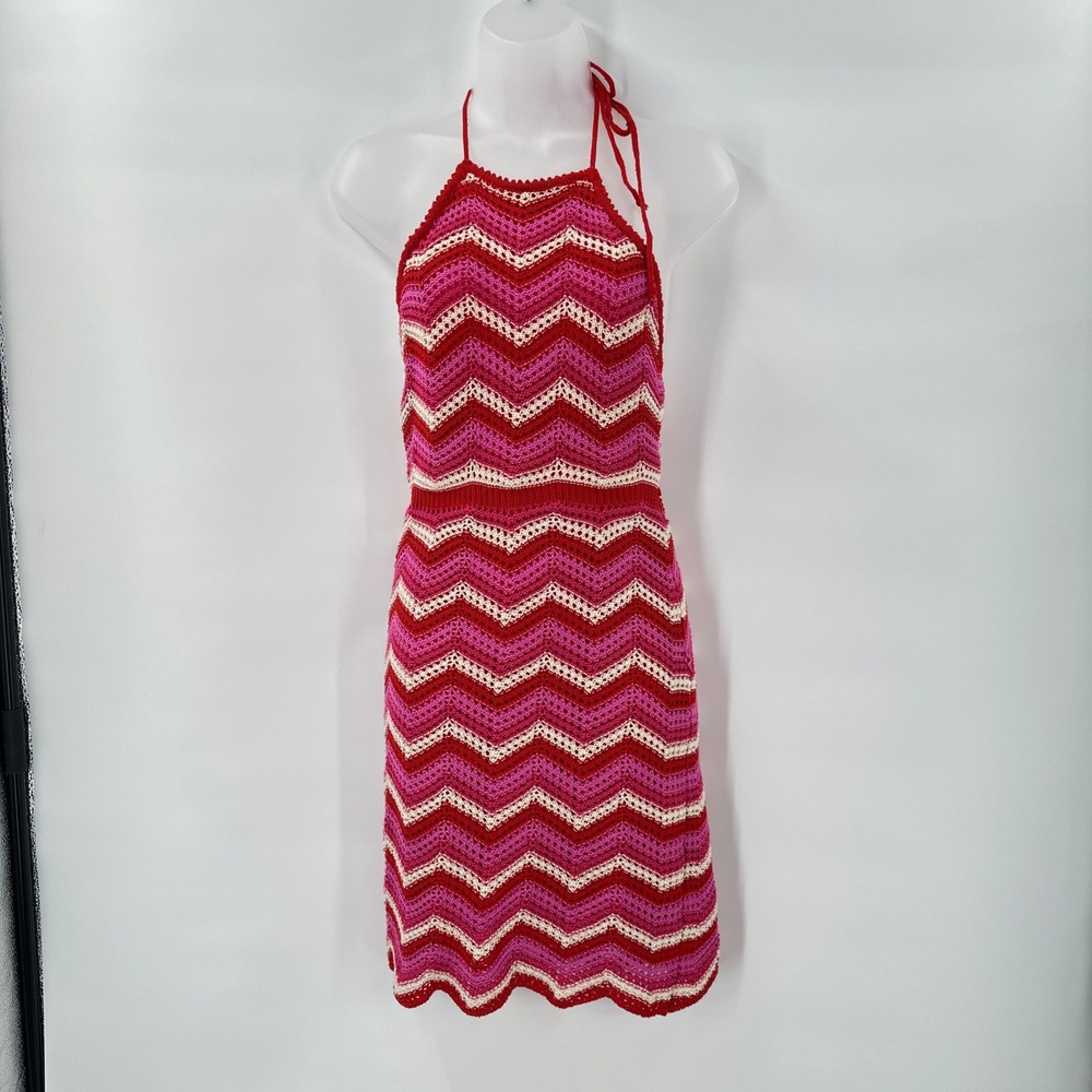 Lush Small Crochet Halter Mini Dress Pink Red Chevron Boho Festival Y2K Retro
